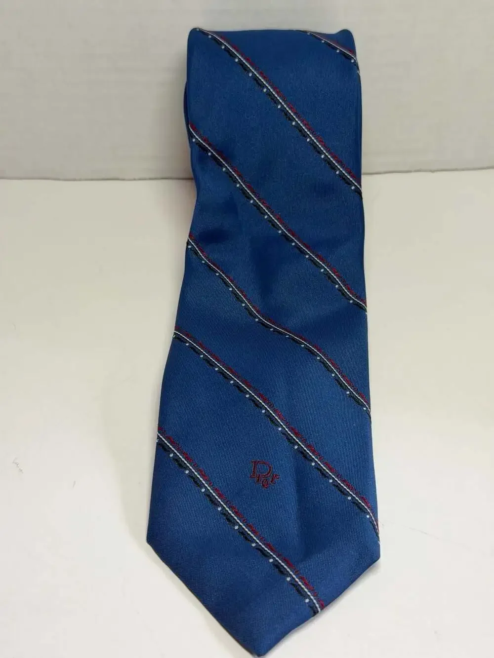 Vintage Christian Dior Blue Necktie with Embroidered Logo and Red/Black/White St